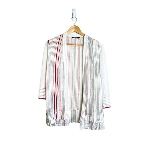 NIC+ZOE Women's Festival Linen Blend White Red Stripe 3/4 Sleeve Cardigan PP - Picture 2 of 8